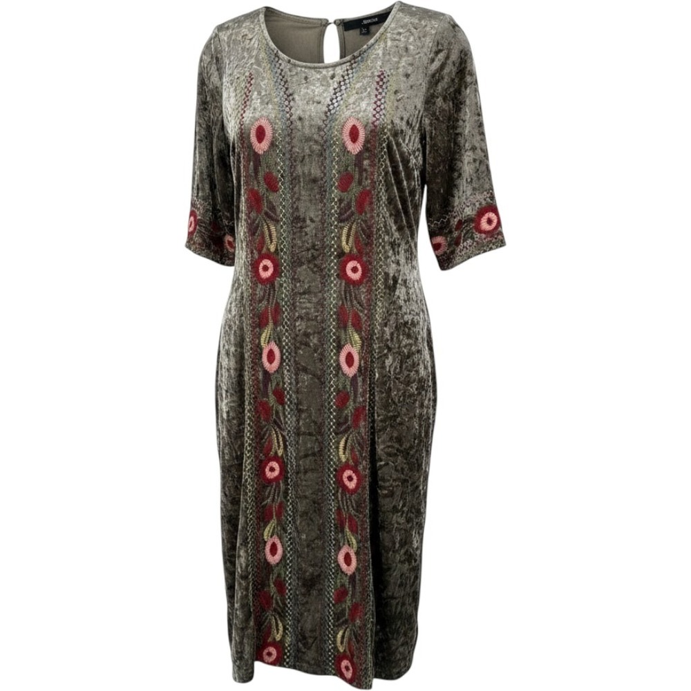 J Roberts Taupe Crushed Velvet Floral Embroidered Midi Dress Soft Women Small